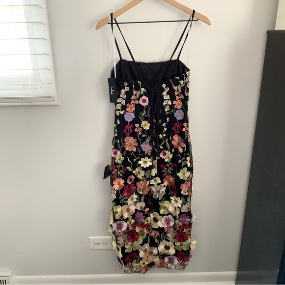 Lulus Large NEW 3D Floral Embroidered Lace Up Midi Cami Dress Black - Picture 2 of 9